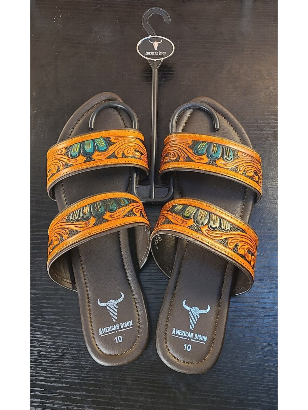 NEW American Bison Tooled Leather Double Strap Sandals Womens Sz 10 Brown Slides